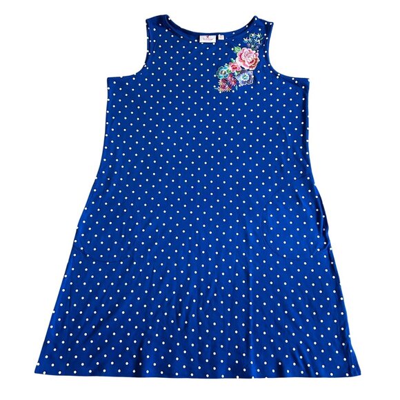 Quacker Factory Womens xl Blue Polka Dot Sleeveless Dress W/ Floral Embroidery - Picture 1 of 12